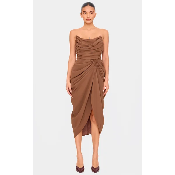 Chocolate Chiffon Corset Bandeau Draped Midi Dress