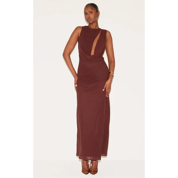 Chocolate Chiffon Keyhole Ruched Detail Maxi Dress