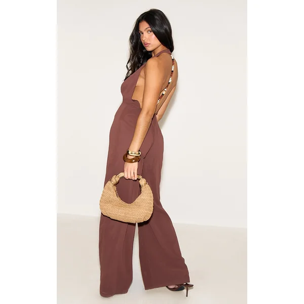 Chocolate Chiffon Plunge Neck Bead Detail Jumpsuit