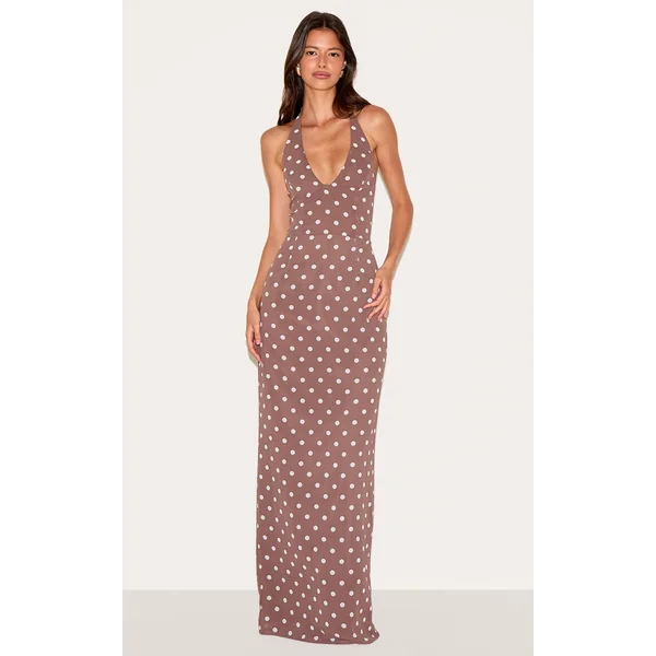 Chocolate Chiffon Polka Dot Printed Plunge Neck Maxi Dress