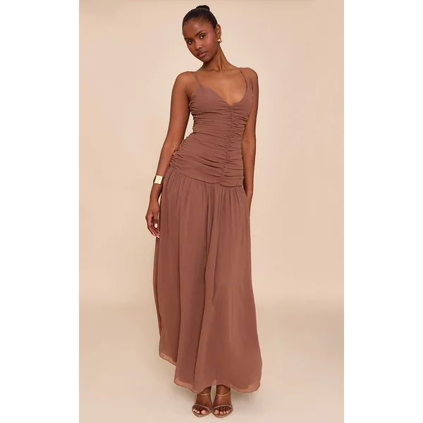 Chocolate Chiffon Ruched Dropped Waist Maxi Dress