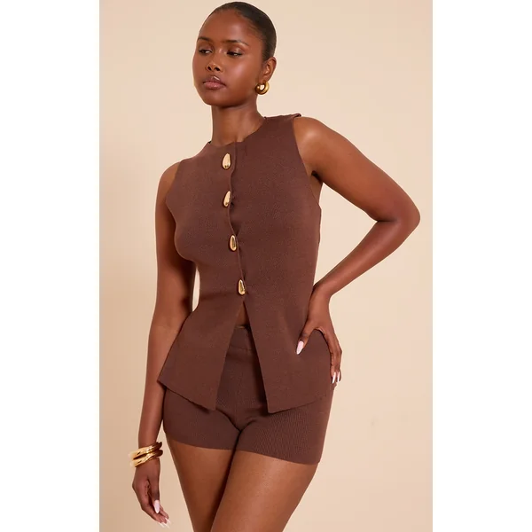 Chocolate Compact Knit Button Up Vest