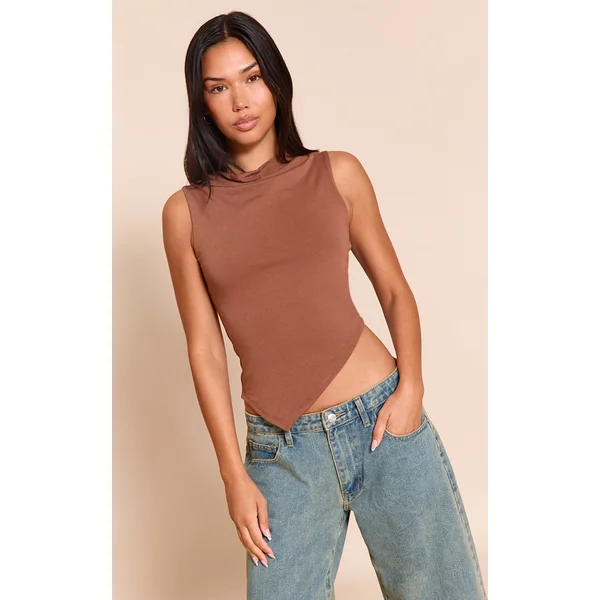 Chocolate Contour Jersey Asymmetric Boat Neck Top