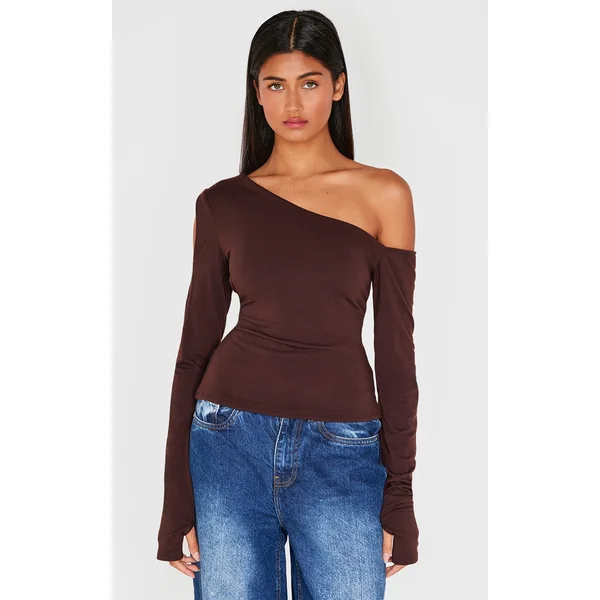 Chocolate Contour Jersey Bardot Long Sleeve Top