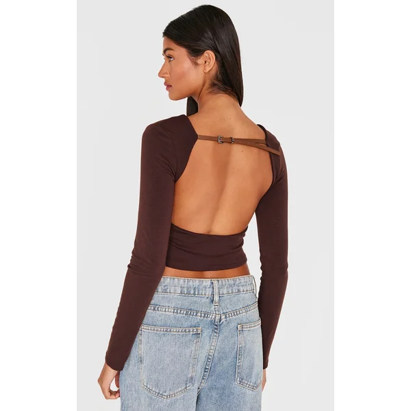 Chocolate Contour Jersey Buckle Detail Backless Long Sleeve Top