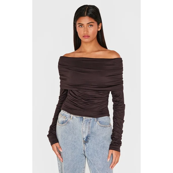 Chocolate Contour Jersey Extreme Fold Over Ruched Detail Long Sleeve Top