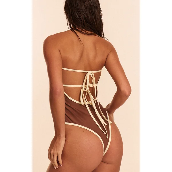 Chocolate Contrast Binding Tie Back Swimsuit