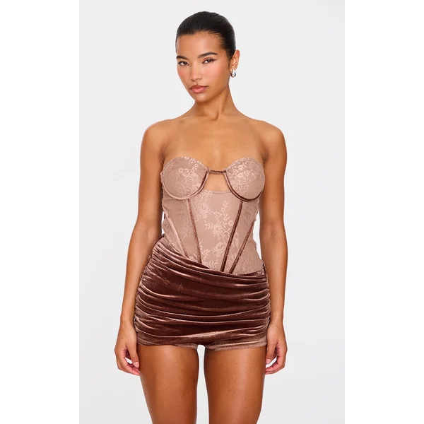 Chocolate Contrast Lace Velvet Wrap Detail Skort Romper