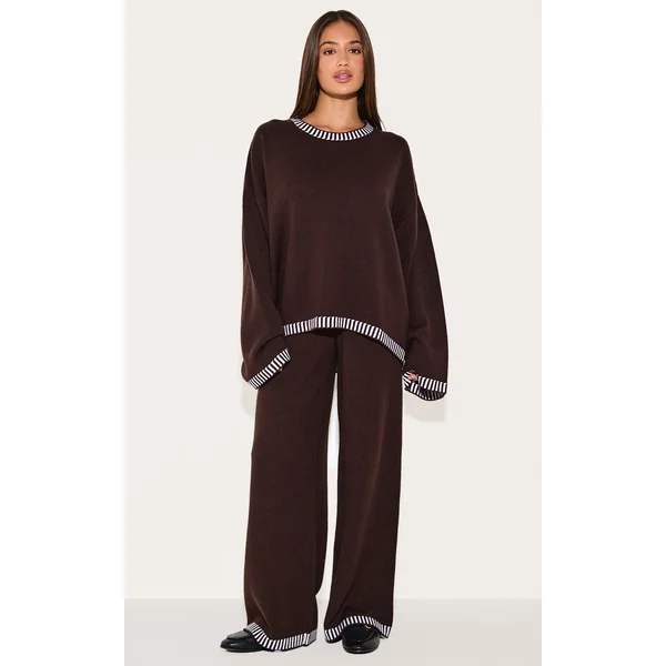 Chocolate Contrast Stitch Detail Knit Drawstring Waist Pants