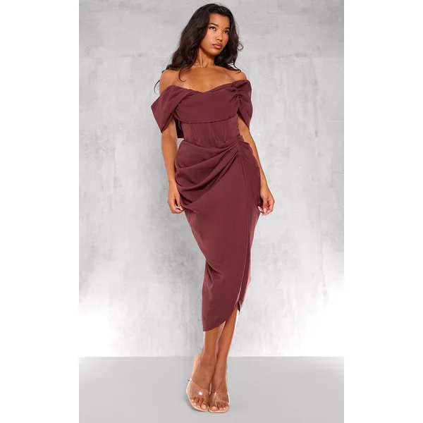 Chocolate Corset Bardot Draped Midi Dress