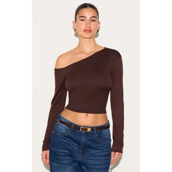 Chocolate Cotton Asymmetric Fitted Long Sleeve Top