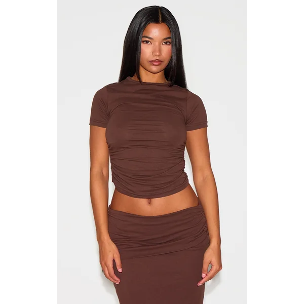 Chocolate Cotton Side Cap Sleeve Ruched Top