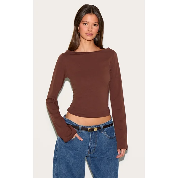 Chocolate Crew Neck Flared Sleeve Long Top
