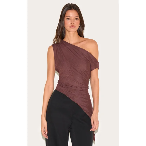 Chocolate Crinkle Mesh Asymmetric Neck Top