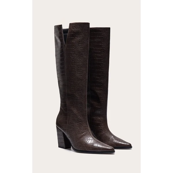 Chocolate Croc PU Point Toe Block Heeled Knee High Boots