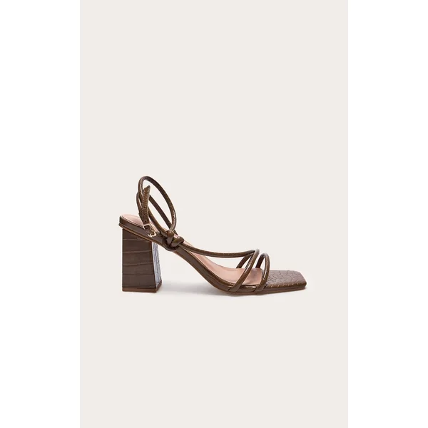 Chocolate Croc PU Square Toe Strappy Tube Asymmetric Block Heeled Sandals