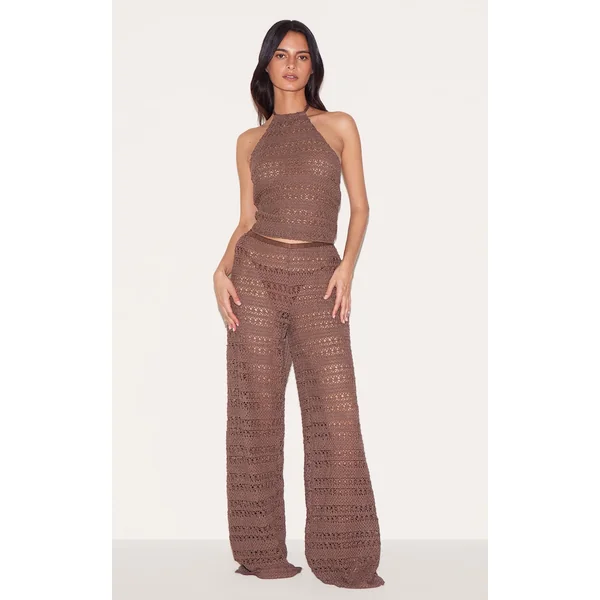 Chocolate Crochet Wide Leg Pant Beach Set