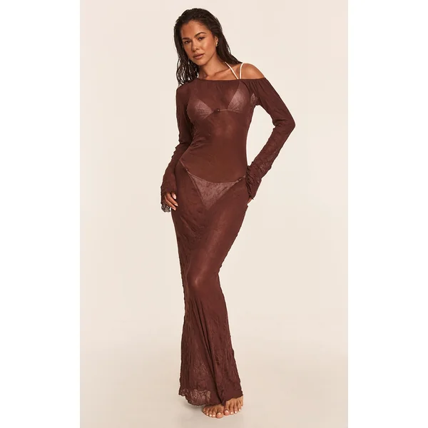 Chocolate Crushed Mesh Maxi Beach Dress