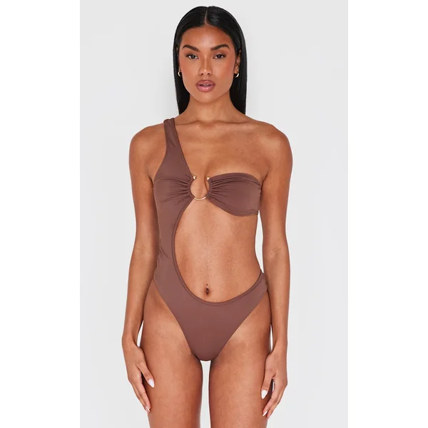 Chocolate Cut Out Trim One Shoulder Swimsuit