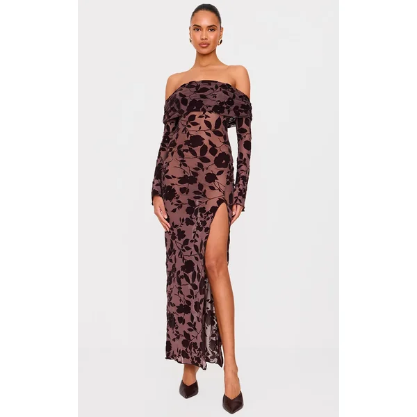 Chocolate Devore Bardot Long Sleeve Maxi Dress