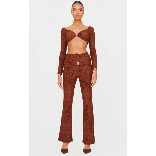 Chocolate Devore Long Sleeve Trim Cut Out Detail Jumpsuit