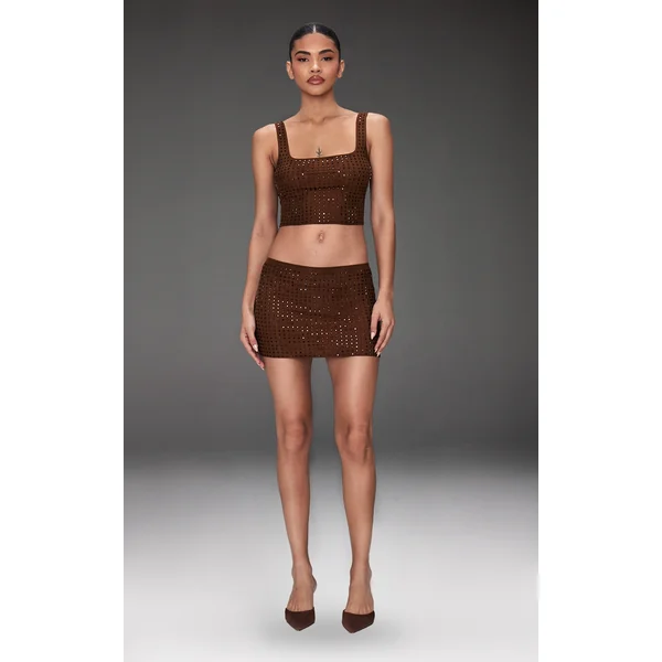 Chocolate Diamante Double Layer Mesh Micro Mini Skirt