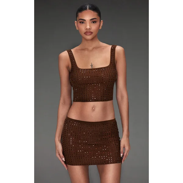 Chocolate Diamante Double Layer Mesh Scooped Back Cami Top