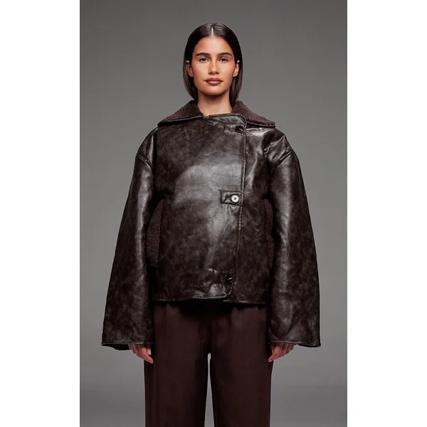 Chocolate Distressed Faux Leather Borg Contrast Aviator Jacket