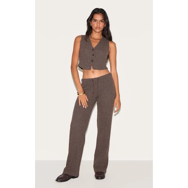 Chocolate Distressed Textured Rib Low Rise Drawstring Wide Leg Pants