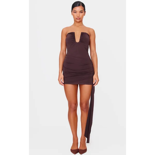Chocolate Double Layer Bandeau Drape Detail Mini Dress
