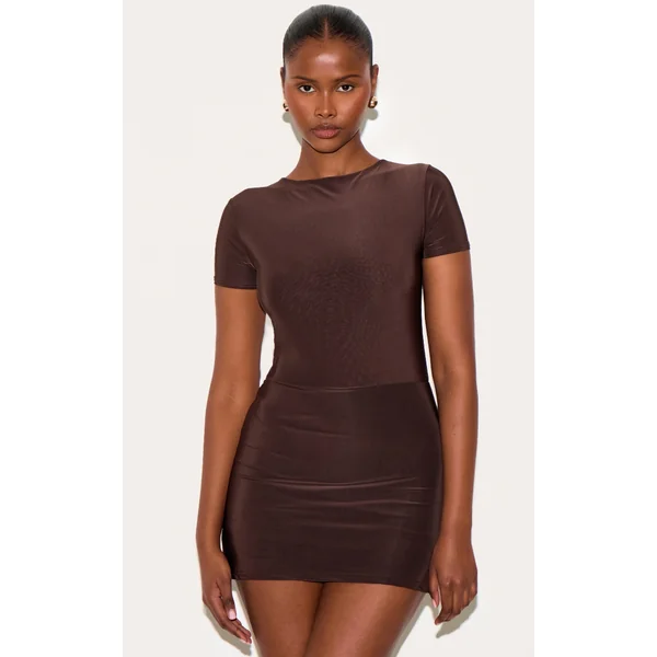 Chocolate Double Layer Cap Sleeve Slinky Skort Romper