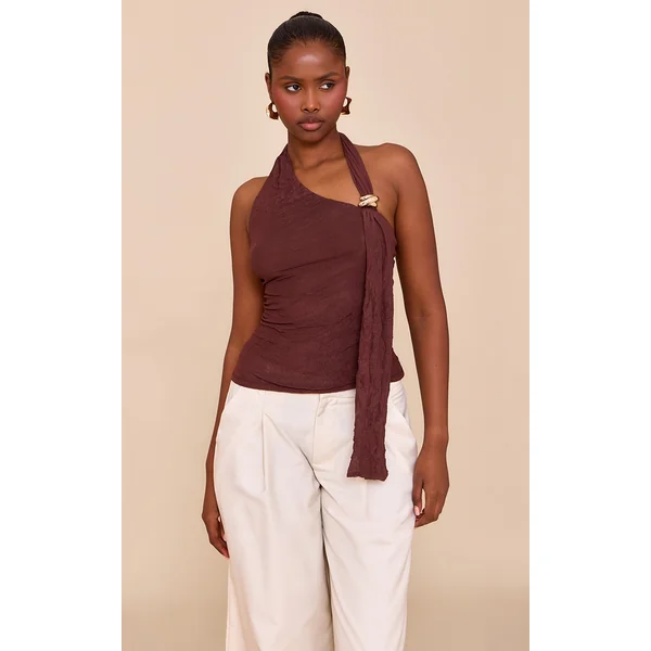 Chocolate Double Layer Crinkle Mesh Drape Detail Long Top