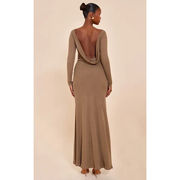 Chocolate Double Layer Onion Skin Cowl Back Maxi Dress