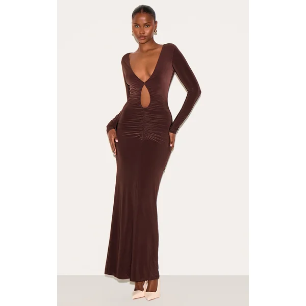 Chocolate Double Layer Plunge Ruched Maxi Dress