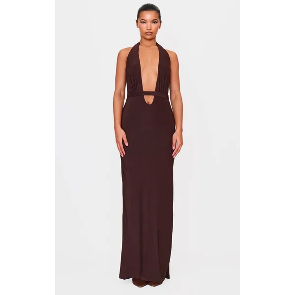 Chocolate Double Layer Skinky Wrap Waist Maxi Dress