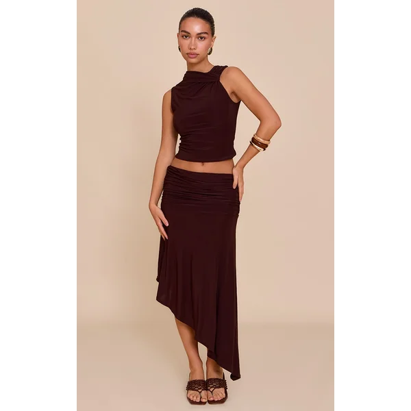 Chocolate Double Layer Slinky Asymmetrical Ruched Midaxi Skirt