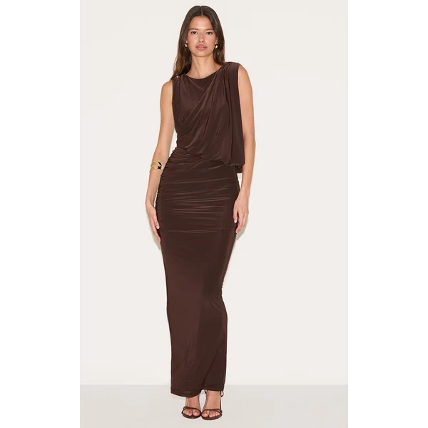 Chocolate Double Layer Slinky Drape Ruched Maxi Dress