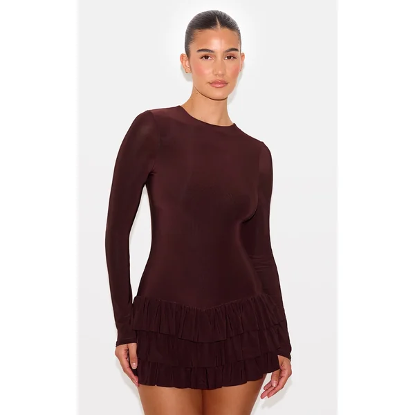 Chocolate Double Layer Slinky Long Sleeve Rara Skort Romper