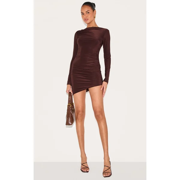 Chocolate Double Layer Slinky Ruched Long Sleeve Mini Dress