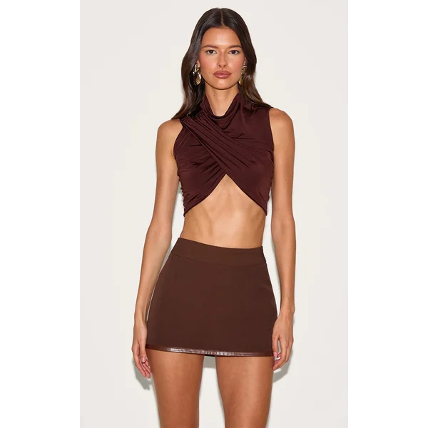 Chocolate Double Layer Slinky Ruched Ultra Crop Top