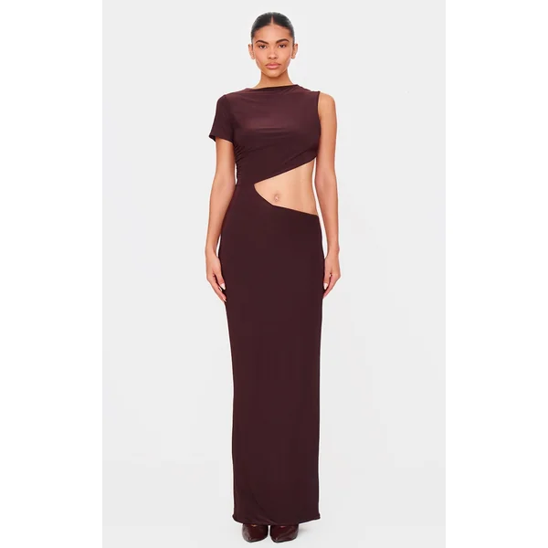 Chocolate Double Layer Slinky Short Sleeve Trim Detail Maxi Dress