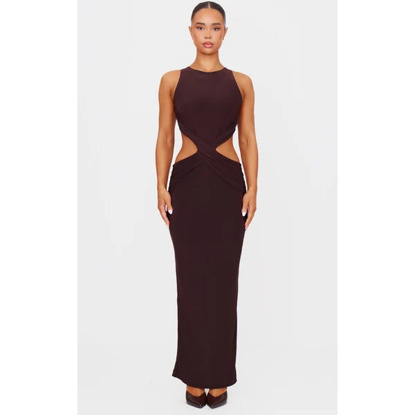Chocolate Double Layer Slinky Twist Front Maxi Dress