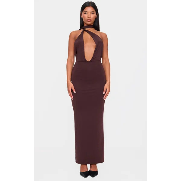 Chocolate Double Layer Slinky Wrap Neck Maxi Dress