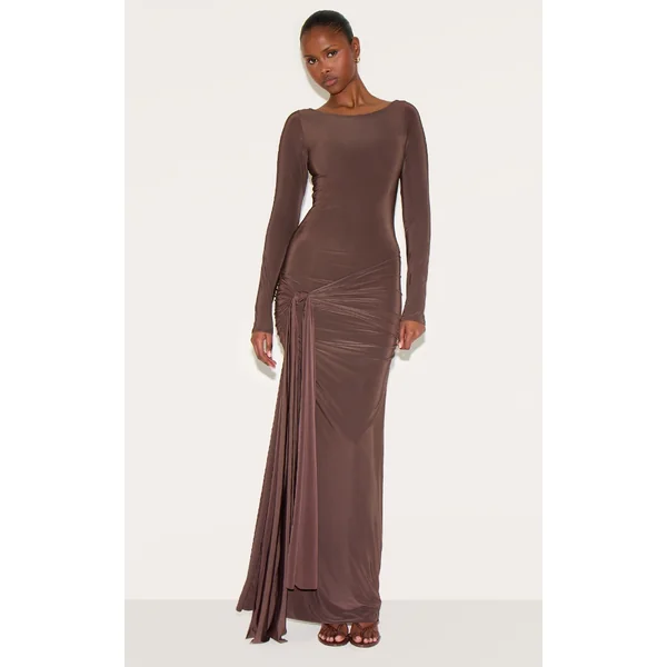 Chocolate Double Layer Slinkyy Drop Waist Knot Detail Maxi Dress