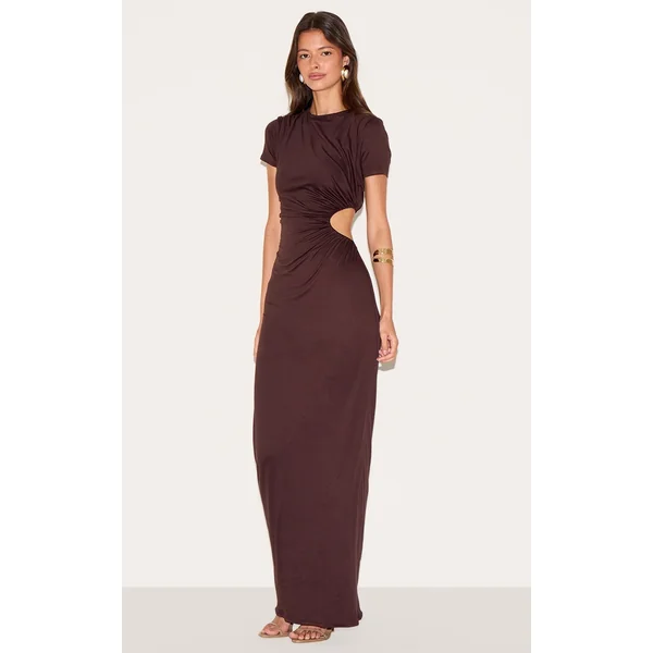 Chocolate Double Layer Soft Touch Cut Out Ruched Detail Maxi Dress