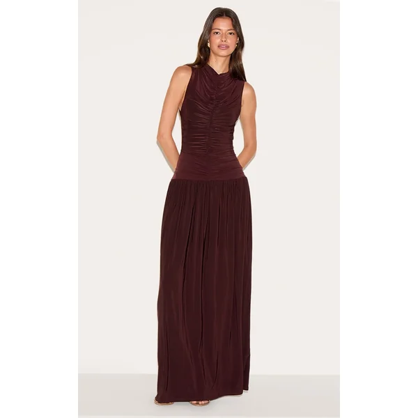 Chocolate Double Layer Soft Touch Drop Waist Ruched Maxi Dress