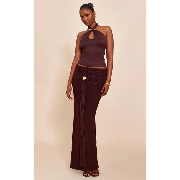 Chocolate Double Layer Trim Detail Slinky Maxi Skirt