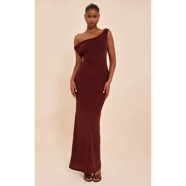 Chocolate Double Layered Chiffon Asymmetric Maxi Dress