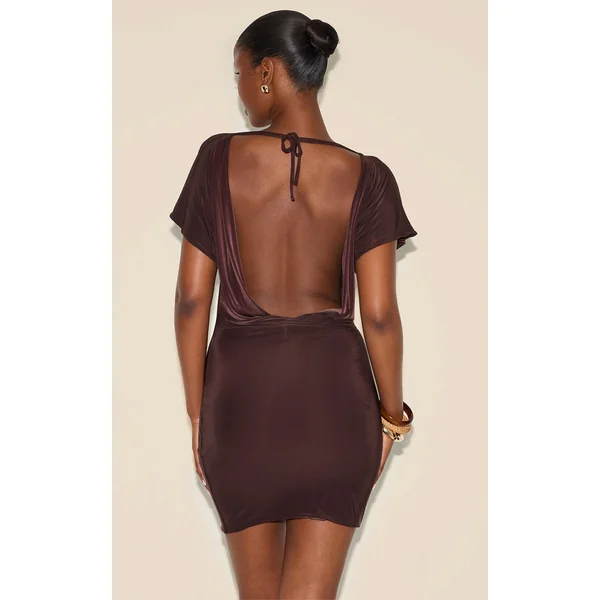 Chocolate Double Layered Slinky Ruched Short Sleeve Mini Dress