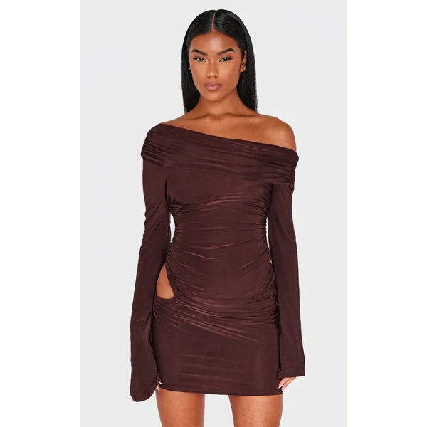 Chocolate Double Slinky Asymmetric Cut Out Mini Dress